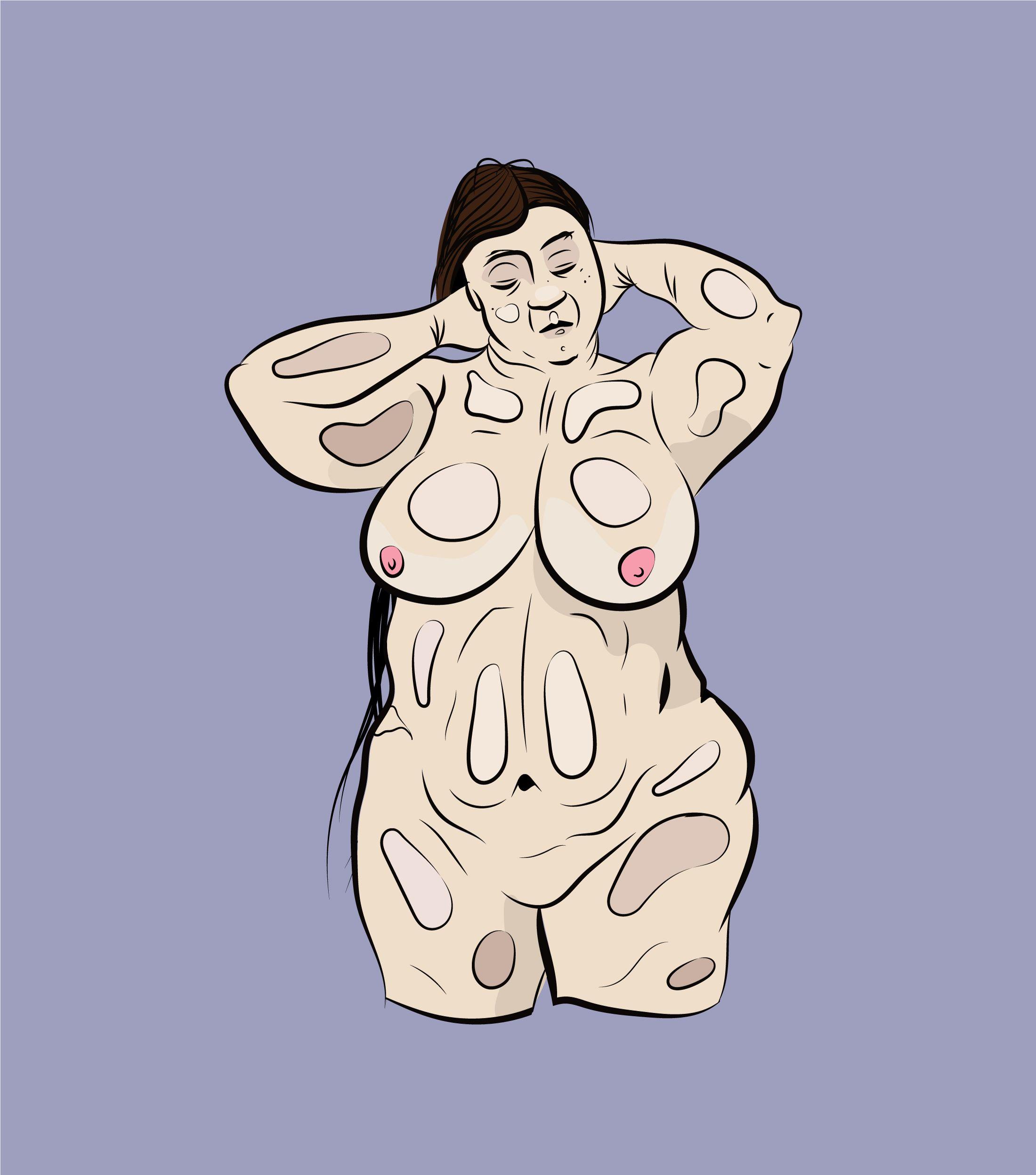 Digital art illustration of a naked obese lady on a purple background. The subjecct appears in the middle of the image holding her hair back almost posing sexually. She is comfortable with her body and sezxuallity.