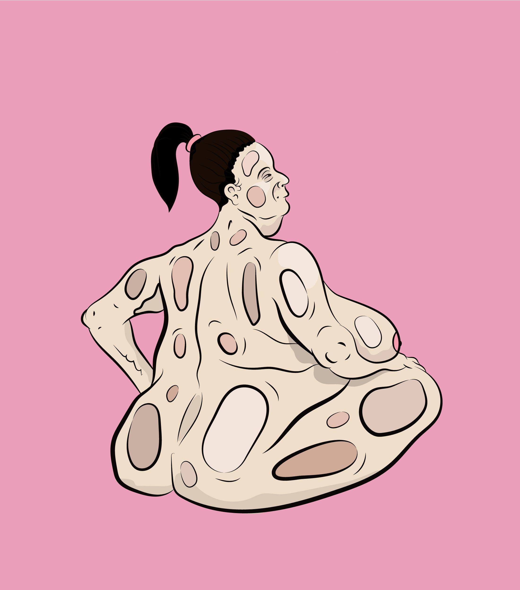 Digital art illustration of a naked, obese lady sat on the floor with her back to us. The subject sits with her back to us, casst against a pink background.