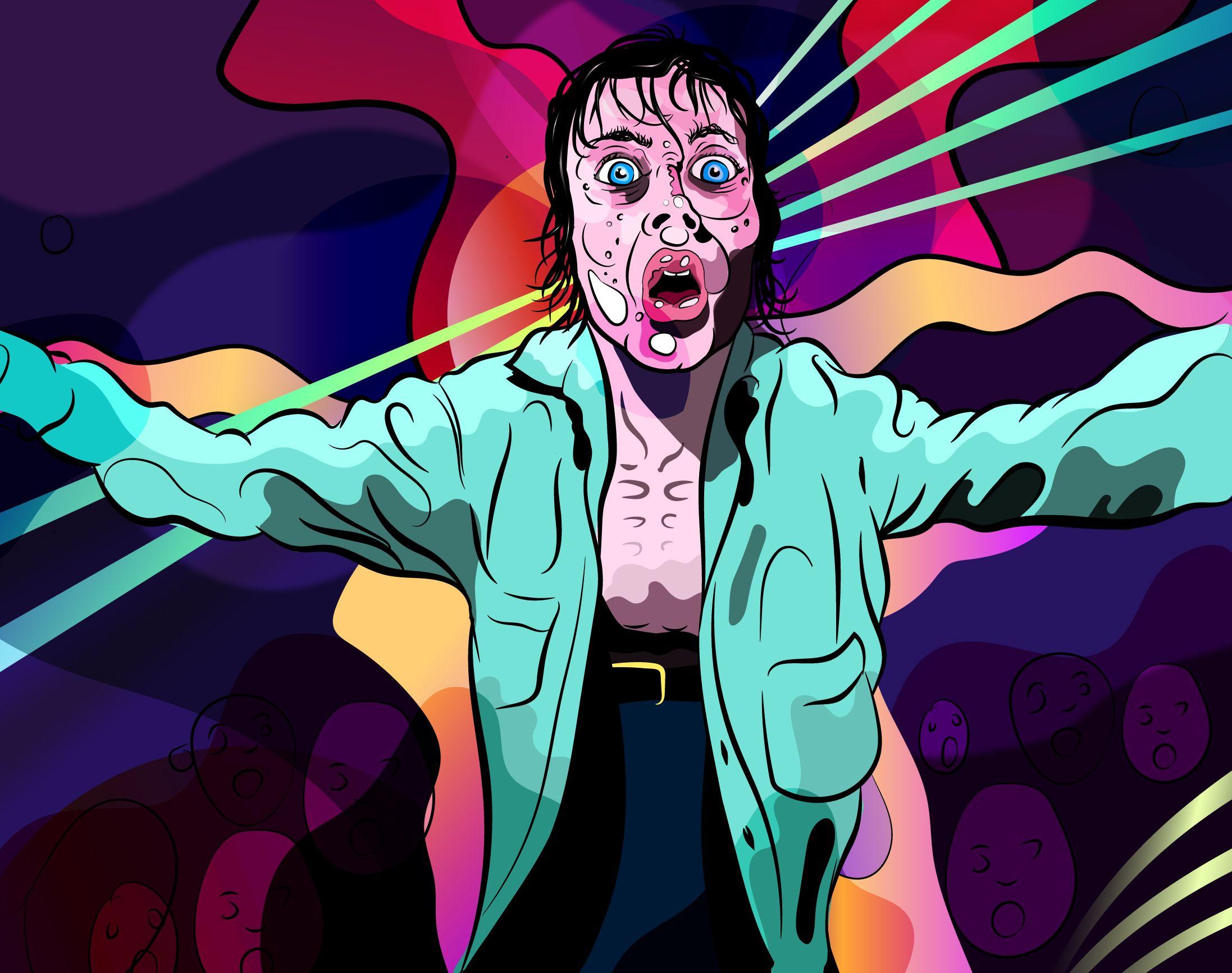 Digital art illustration of a young man in a nightclub staring, eyes wide open and staring at the camera. His shirt is undone, and he is sweating, but clearly enjoying the music. The illustration uses bold vector graphics and vibrant colours 