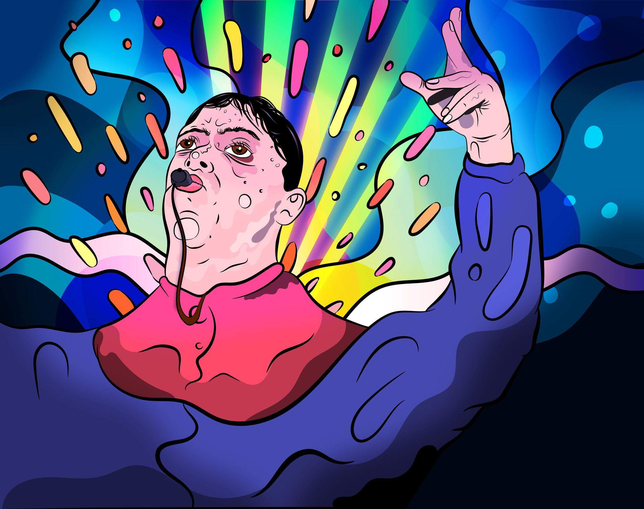 Digital art illustration of a young man in a nightclub, wearing a shell suit and blowing a whistle to the music. The illustration uses bold vector graphics and vibrant colours to depict the light show of a nightclub. 