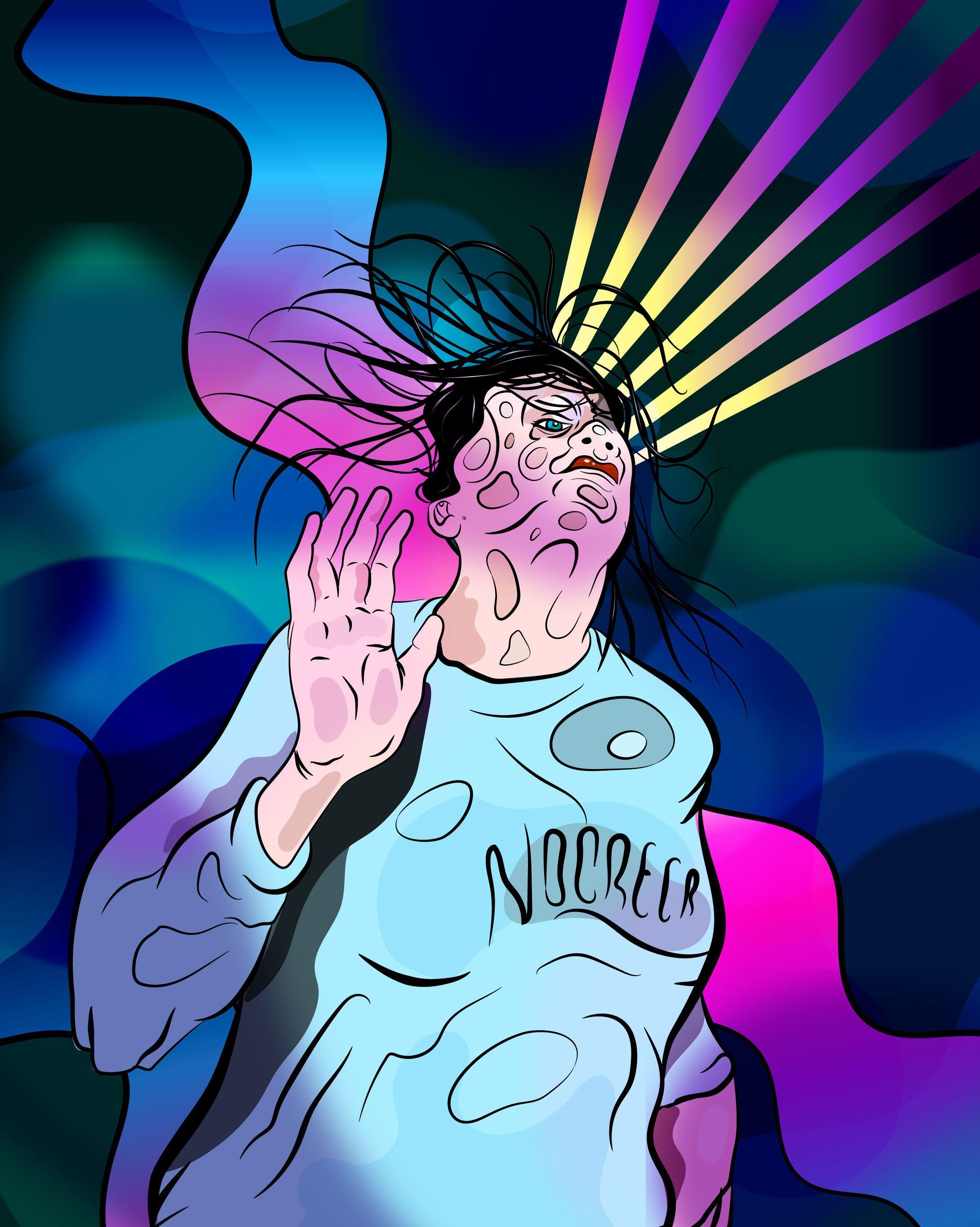 Digital art illustration of a young man in a state of ecstasy dancing in a nightclub using thick vector brush strokes and contrasting bright colours.