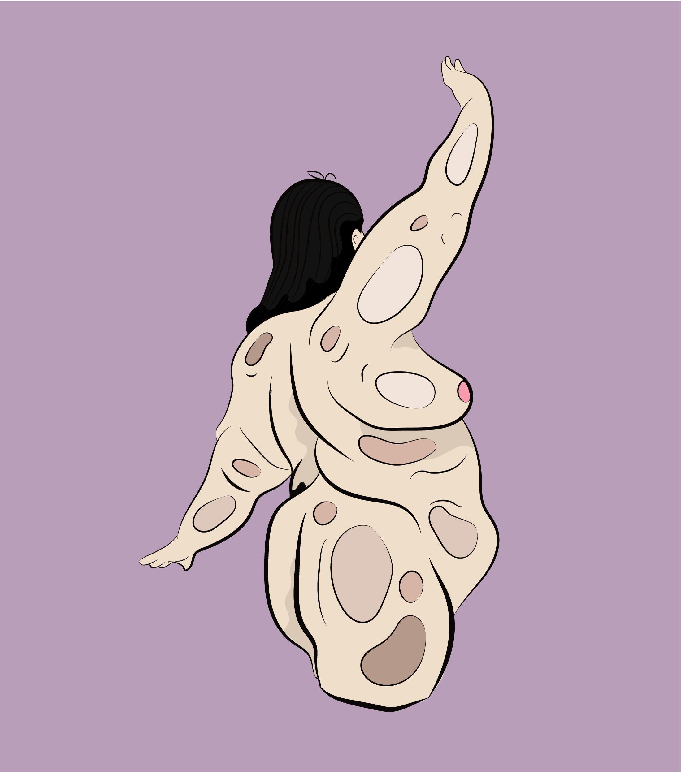Digital art of a female, obese nude dancing with her back to us. One arm raised to the sky as if striking a pose. The vector illustration is set against a pastel purple background.